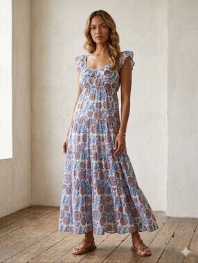 NWOT J. Crew 100% Cotton Flowy Tiered Neck Ruffle Maxi Floral Sundress Blue M